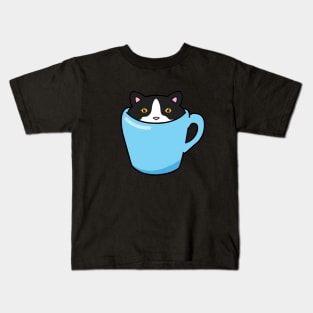 Cute tuxedo cat sitting in a cup Kids T-Shirt